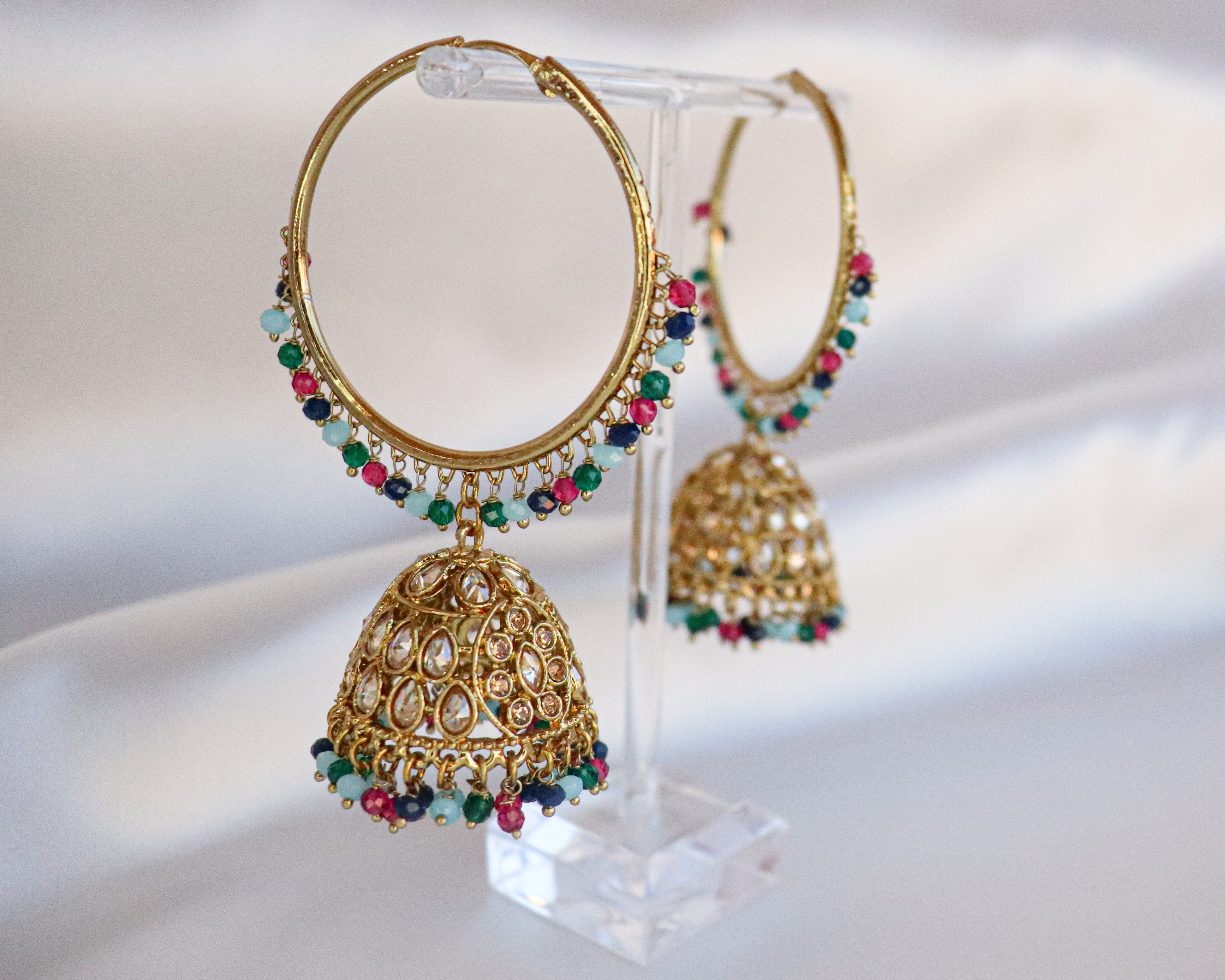Blue Chalcedony Semi-precious 18K Gold Plated Drop Jhumka Earrings